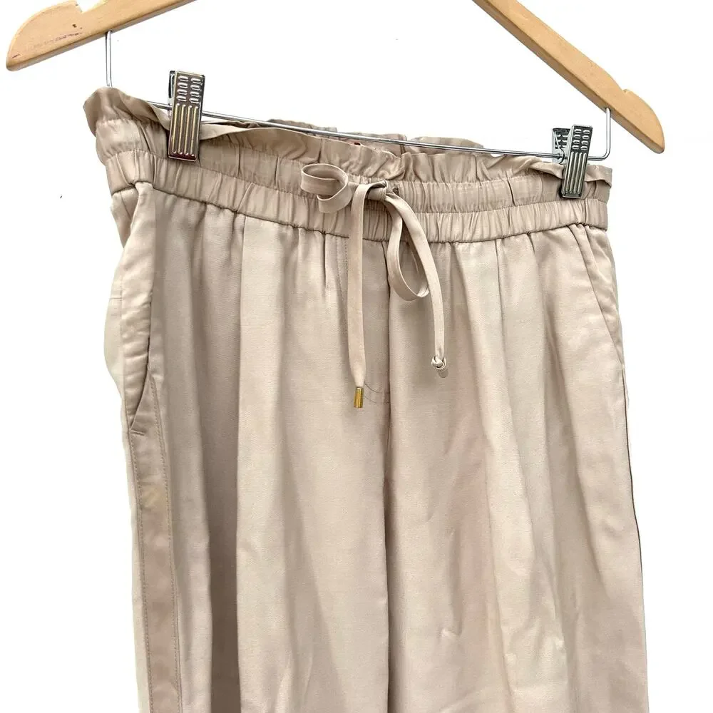 Tory Burch Satin Modal Rayon Tapered Drawstring Pull On Trousers Pants Small Tan
